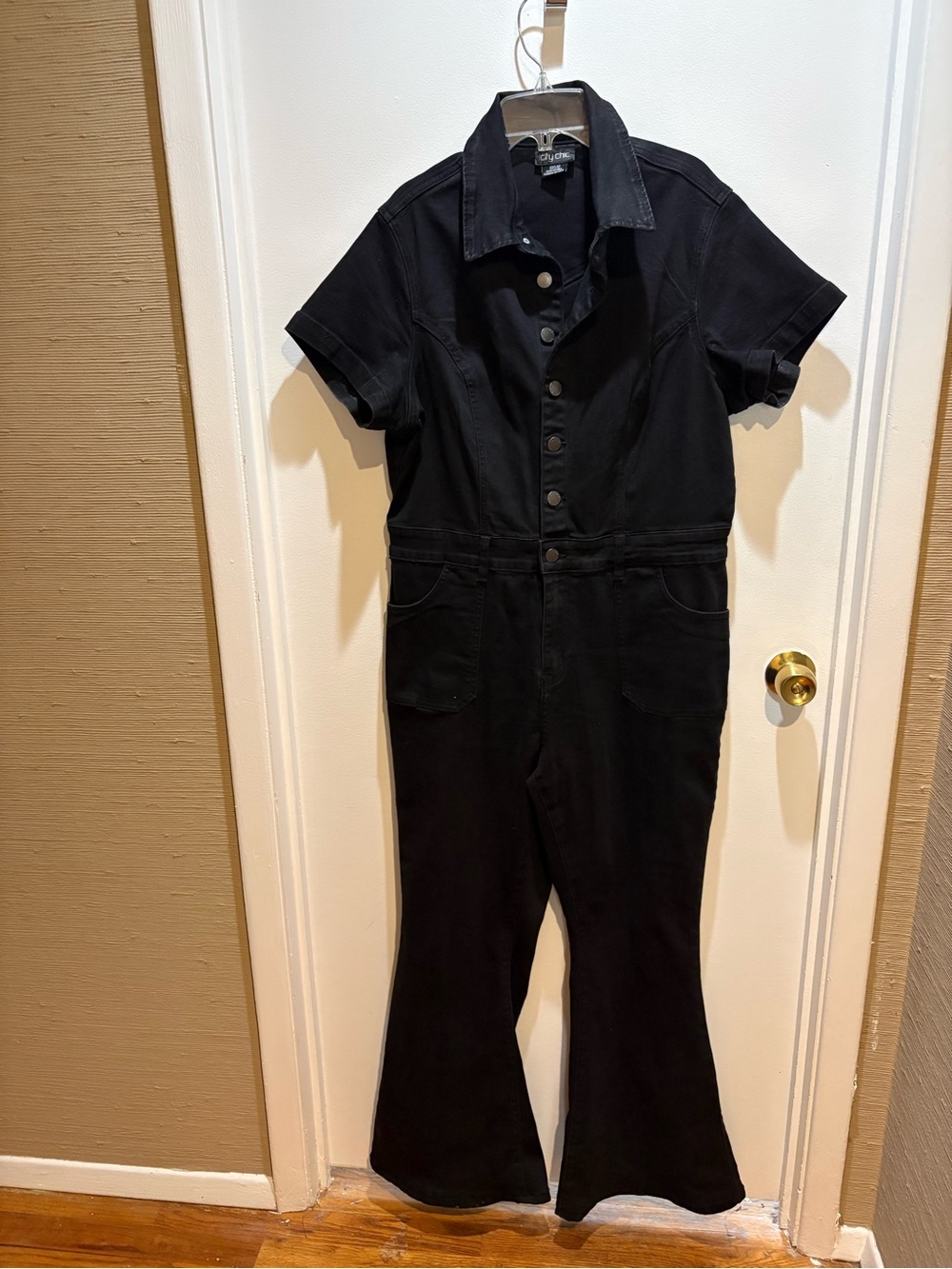 City Chic Black Short-Sleeve Button-Front Jumpsuit